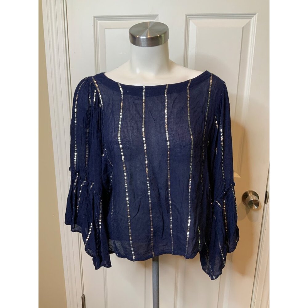 Floreat Anthropologie Blue Shimmering Striped Button Back Top NWT $78, Size M